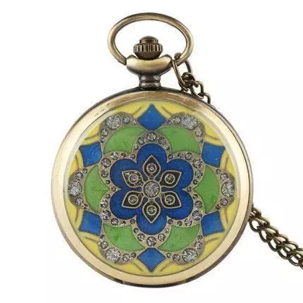 Traditional Old Quartz Pocket Watch-Flower & Diamond Design Necklace Chain Watch for Gift