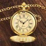 Antique souvenir Pocket watch Roman Numerals Dial , Golden Shield Watch with Golden Chain for Gift